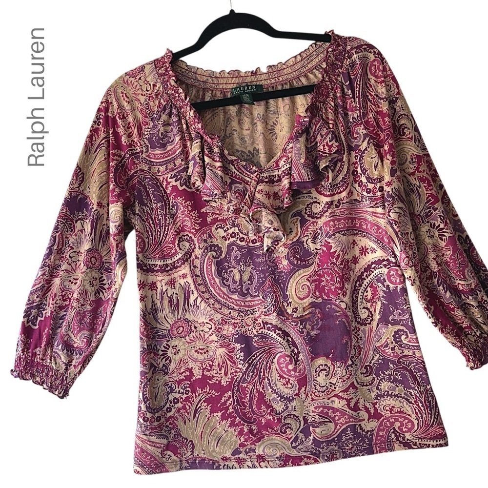 LAUREN RALPH LAUREN NWOT V-NECK COTTON PAISLEY TOP RUFFLE SMOCKED | MEDIUM